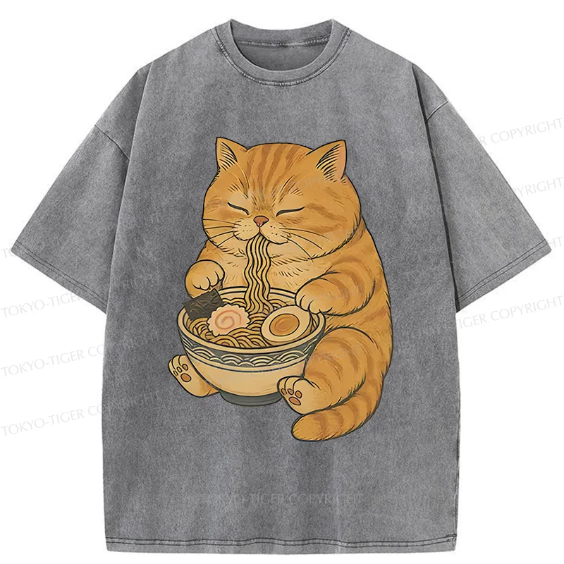 Tokyo-Tiger Orange Cat Eating Ramen Washed T-Shirt