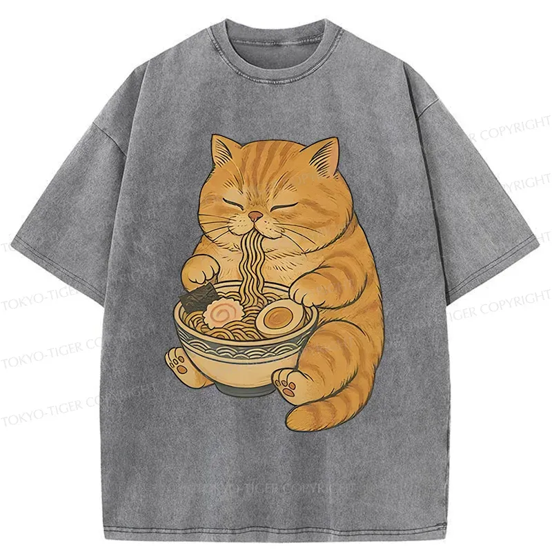 Tokyo-Tiger Orange Cat Eating Ramen Washed T-Shirt