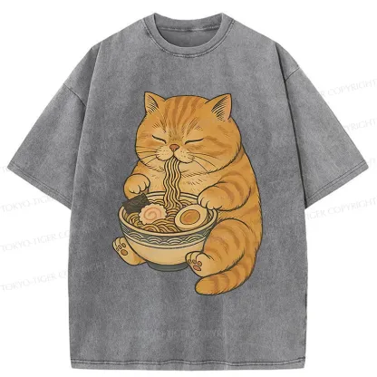 Tokyo-Tiger Orange Cat Eating Ramen Washed T-Shirt