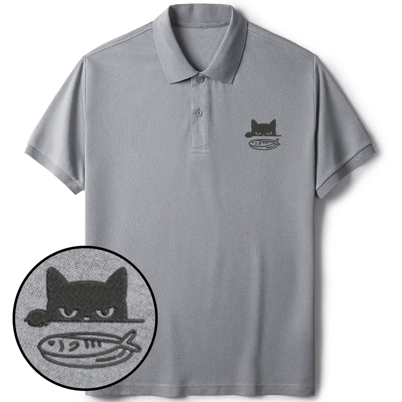 Tokyo-Tiger Cat Staring At Fish Embroidered Polo T-Shirt