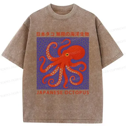 Tokyo-Tiger Retro Japanese Octopus Washed T-Shirt