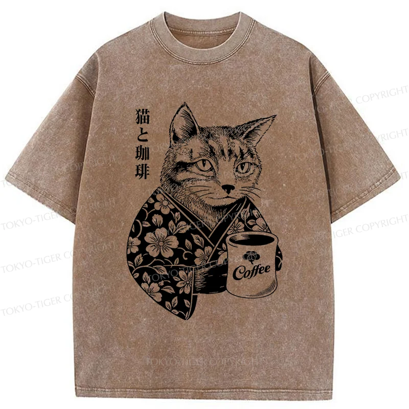 Tokyo-Tiger Cat And Coffee Washed T-Shirt