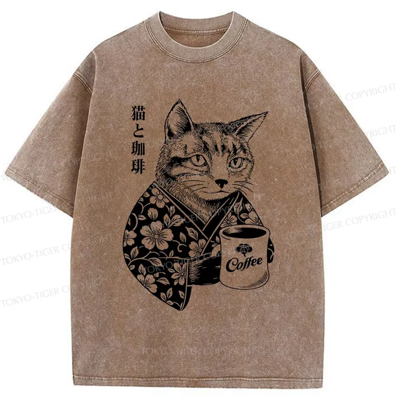 Tokyo-Tiger Cat And Coffee Washed T-Shirt