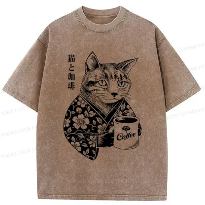 Tokyo-Tiger Cat And Coffee Washed T-Shirt