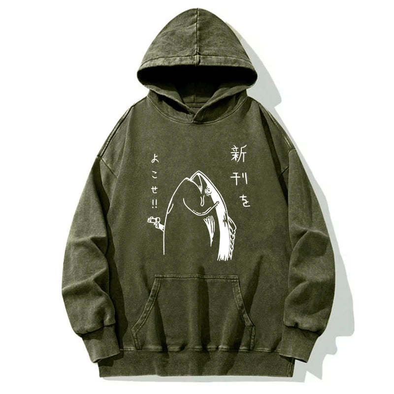 Tokyo-Tiger Japanese Fish Hold Up White Washed Hoodie