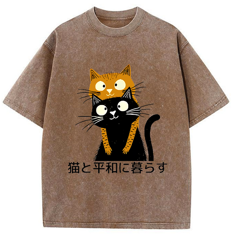 Tokyo-Tiger Live Peacefully With Cats Washed T-Shirt