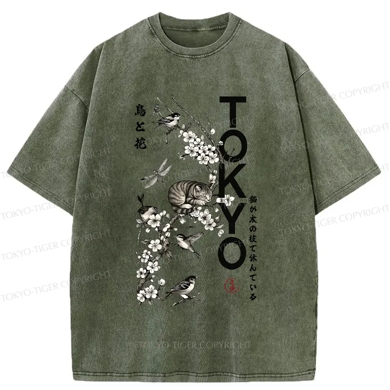 Tokyo-Tiger Cat Resting On A Branch Washed T-Shirt