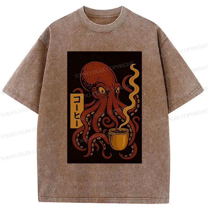 Tokyo-Tiger Octopus Drinking Coffee Washed T-Shirt