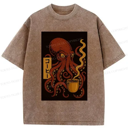 Tokyo-Tiger Octopus Drinking Coffee Washed T-Shirt