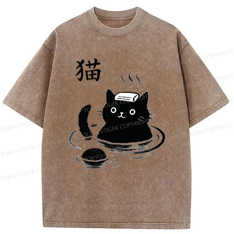 Tokyo-Tiger Cat Bathing In Hot Spring Washed T-Shirt
