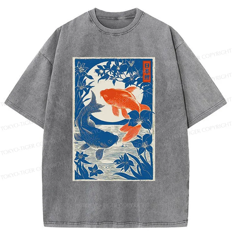 Tokyo-Tiger Woodcut Koi Washed T-Shirt