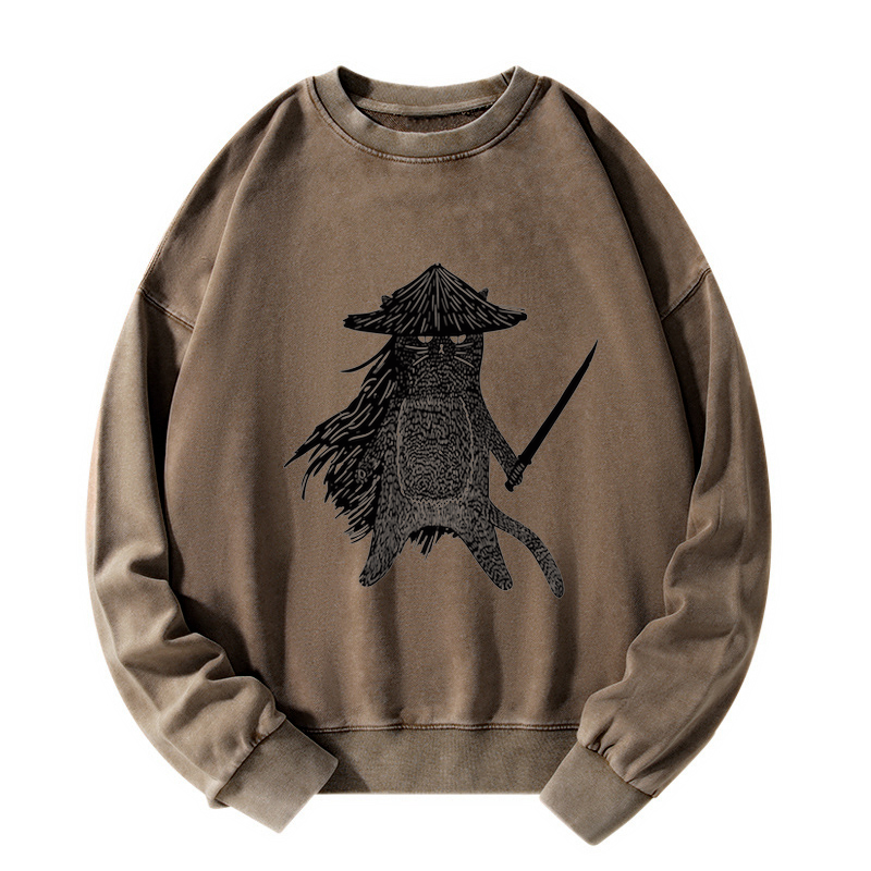 Tokyo-Tiger Japanese Samurai Cat Washed Sweatshirt