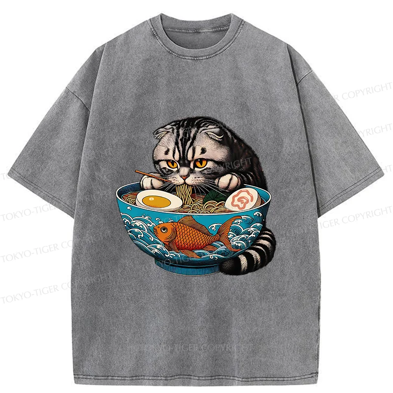 Tokyo-Tiger American Shorthair Cat Eating Ramen Washed T-Shirt