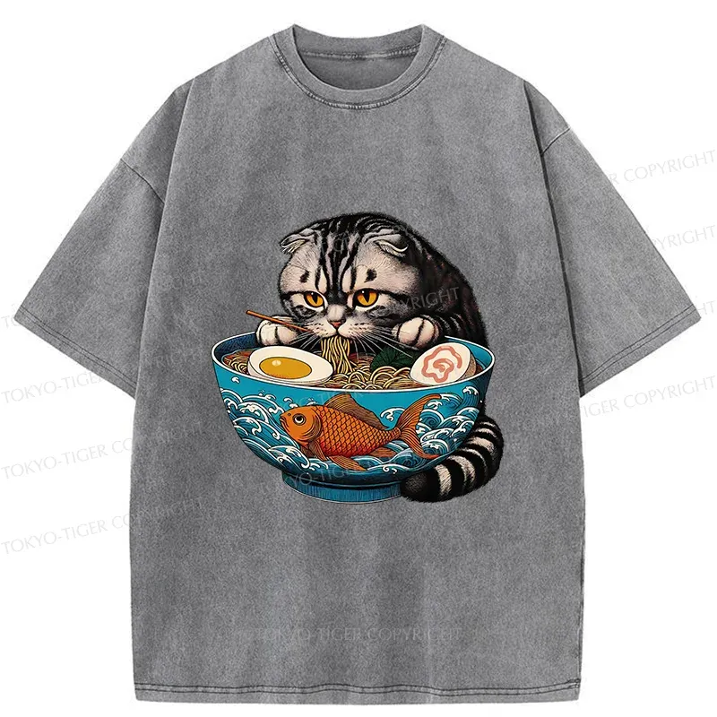 Tokyo-Tiger American Shorthair Cat Eating Ramen Washed T-Shirt