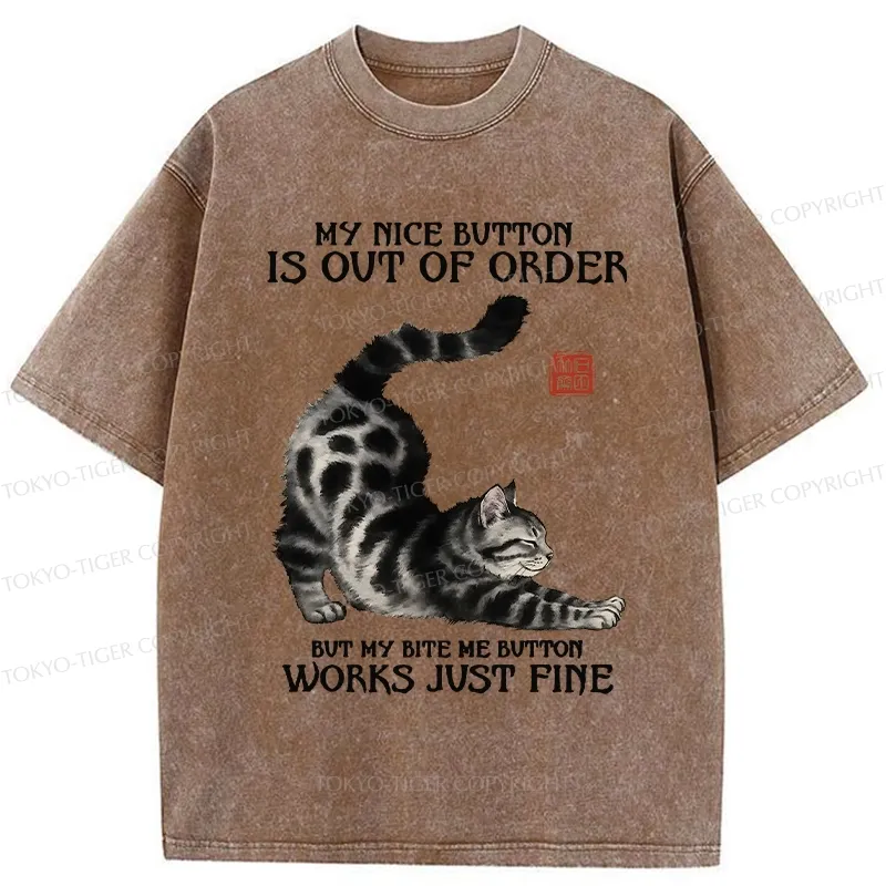 Tokyo-Tiger Naughty Cat Stretching Washed T-Shirt