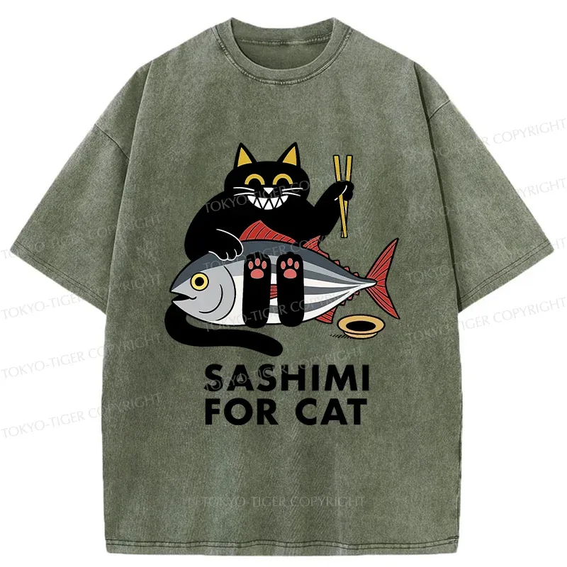 Tokyo-Tiger Black Cat Eating Sashimi Washed T-Shirt