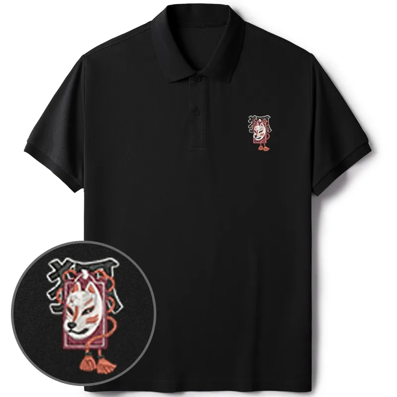 Tokyo-Tiger Japanese Fox Mask Embroidered Polo T-Shirt
