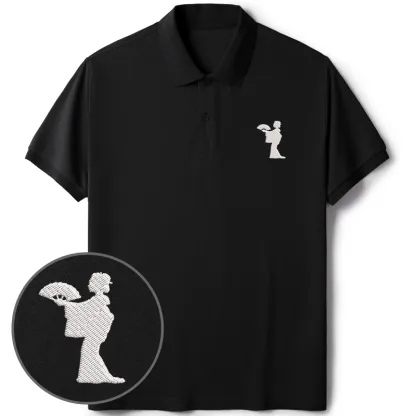 Tokyo-Tiger Geisha Holding A Fan Embroidered Polo T-Shirt