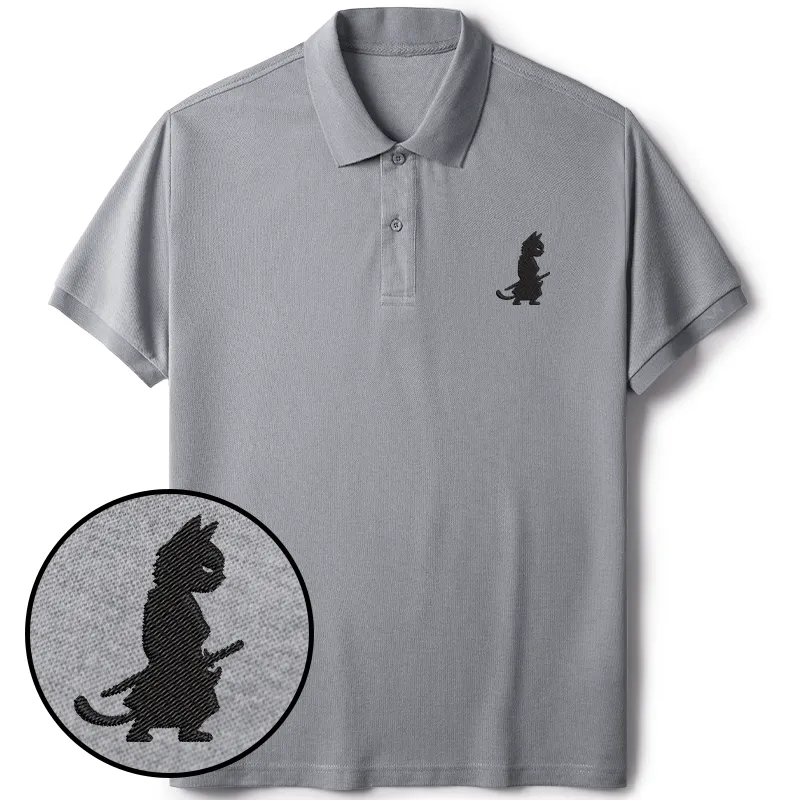 Tokyo-Tiger Japanese Samurai Cat Embroidered Polo T-Shirt