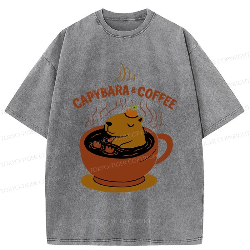 Tokyo-Tiger Capybara Coffee Funny Washed T-Shirt