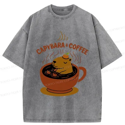Tokyo-Tiger Capybara Coffee Funny Washed T-Shirt
