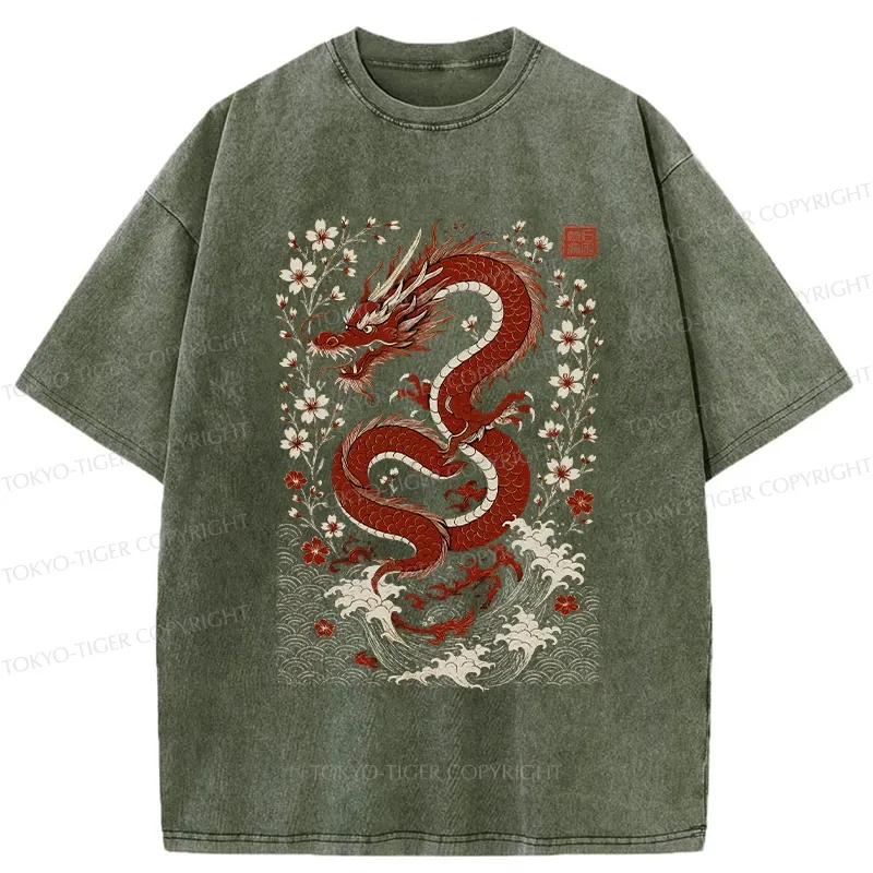 Tokyo-Tiger Retro Dragon And Sakura Washed T-Shirt