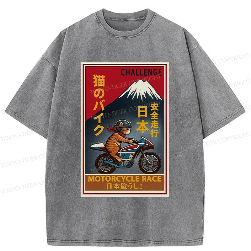 Tokyo-Tiger Cat Riding A Motorcycle Washed T-Shirt