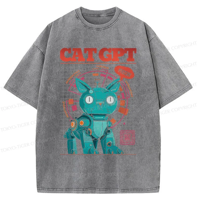 Tokyo-Tiger Machine Cat Retro Washed T-Shirt