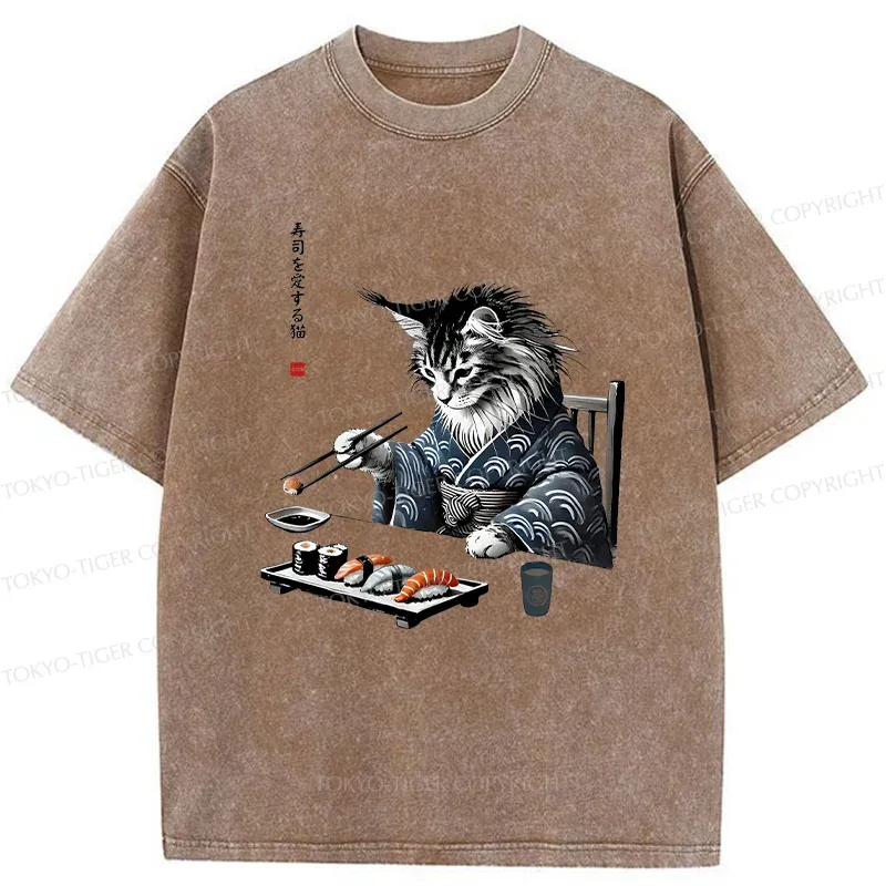 Tokyo-Tiger Cat Eating Sushi Japan Washed T-Shirt