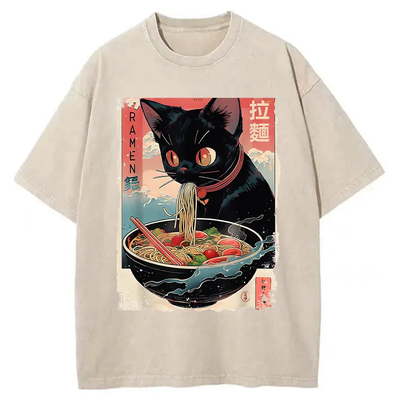 Tokyo-Tiger Black Cat Eating Ramen Japanese Washed T-Shirt