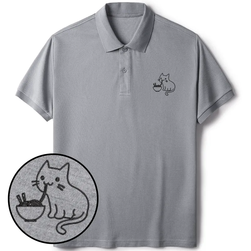 Tokyo-Tiger Ramen Lover Kawaii Cat Embroidered Polo T-Shirt