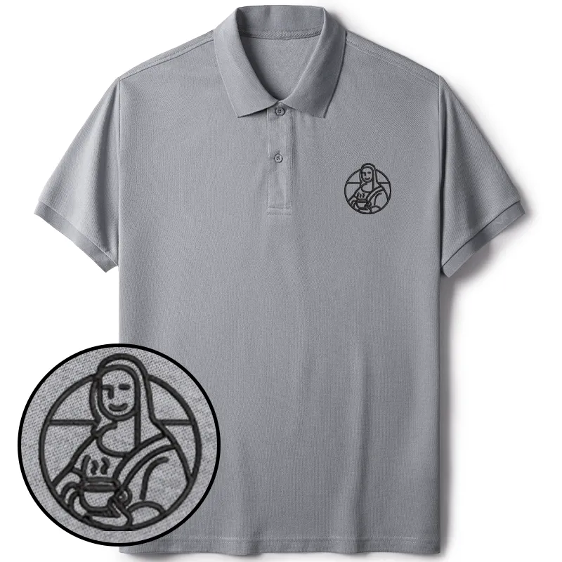 Tokyo-Tiger Mona Lisa Drinking Coffee Embroidered Polo T-Shirt