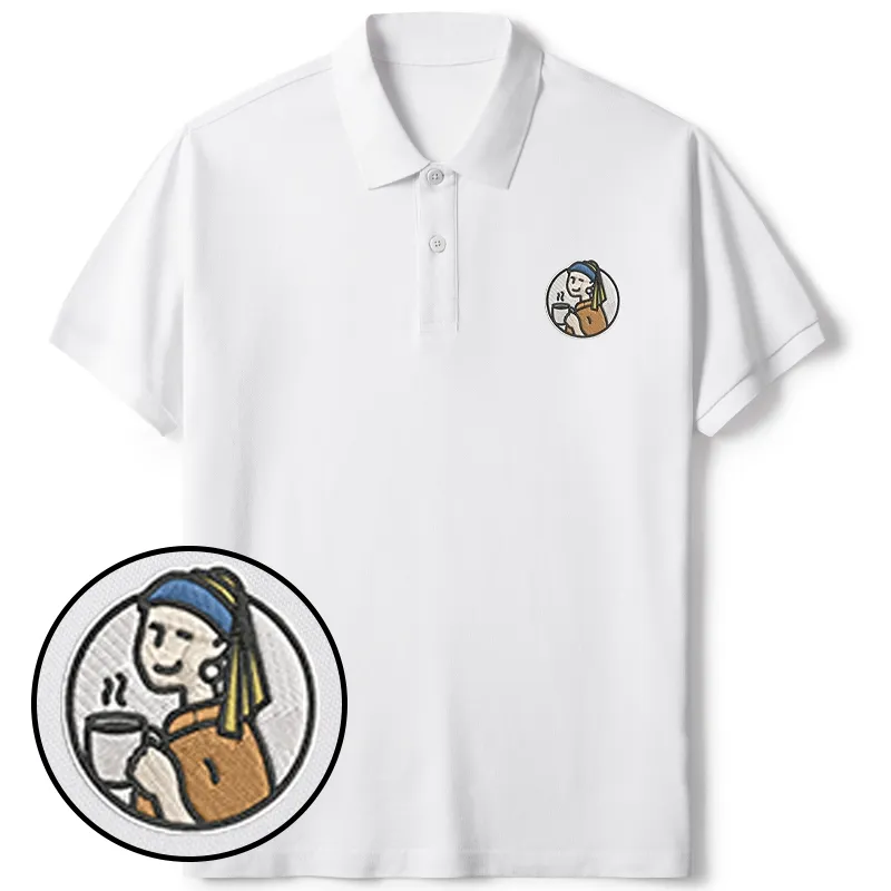Tokyo-Tiger Girl With Pearl Earrings Drinks Coffee Embroidered Polo T-Shirt