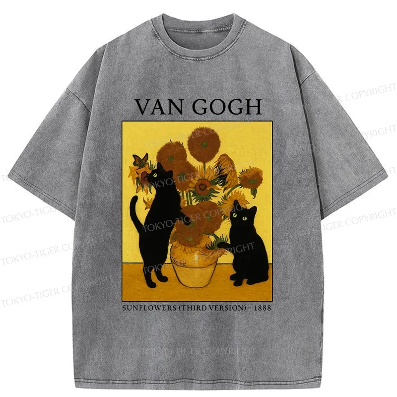 Tokyo-Tiger Sunflower And Cat Washed T-Shirt