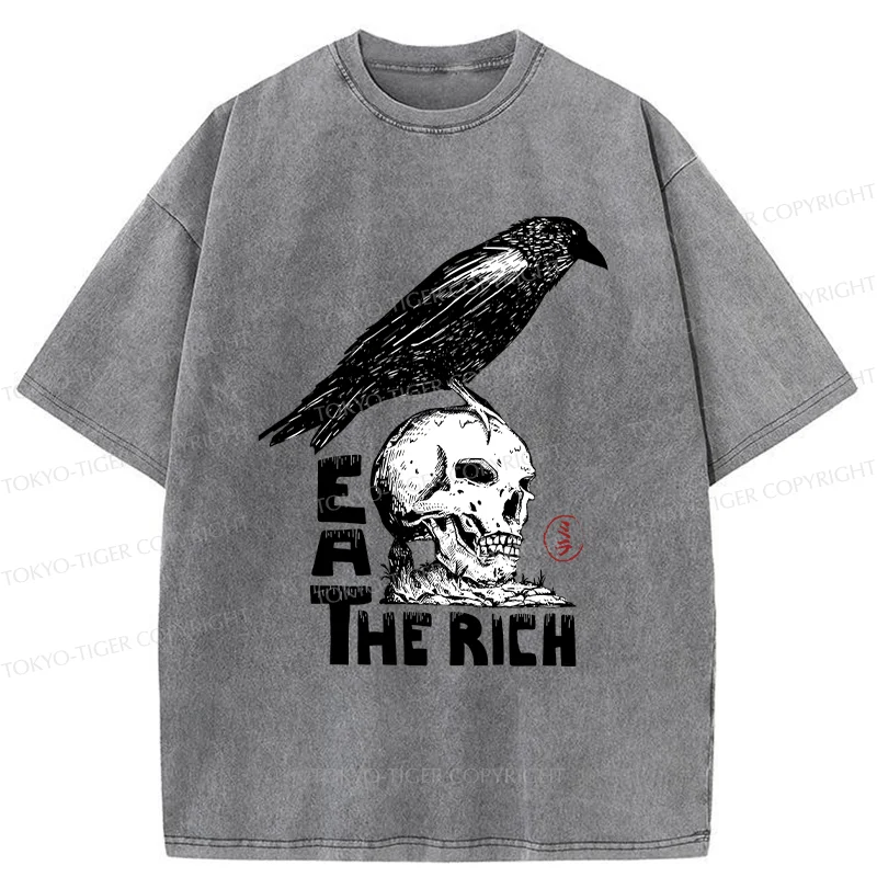 Tokyo-Tiger Crow Standing On Skull Washed T-Shirt