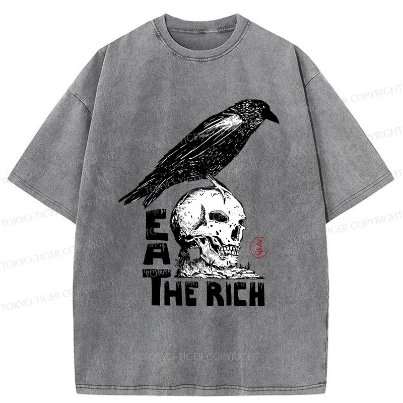 Tokyo-Tiger Crow Standing On Skull Washed T-Shirt