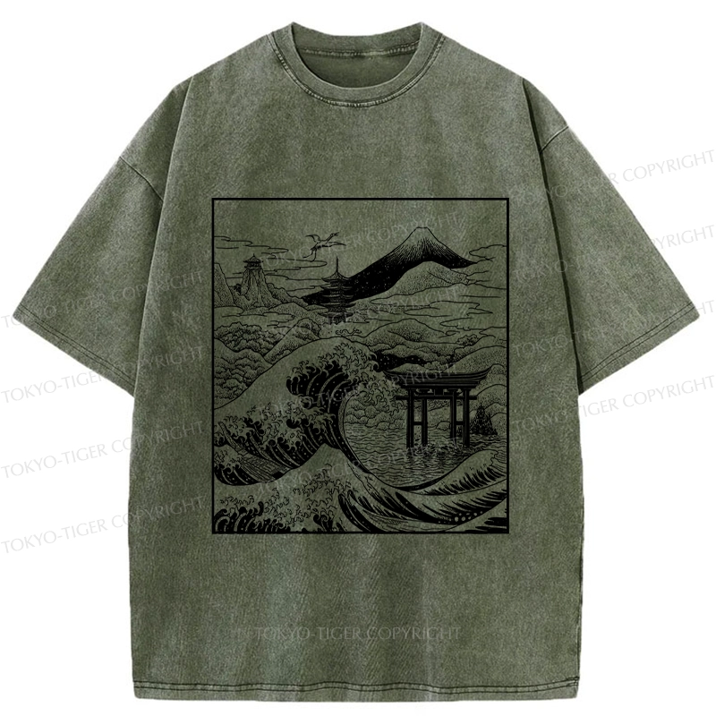 Tokyo-Tiger Retro Japanese landscape Washed T-Shirt