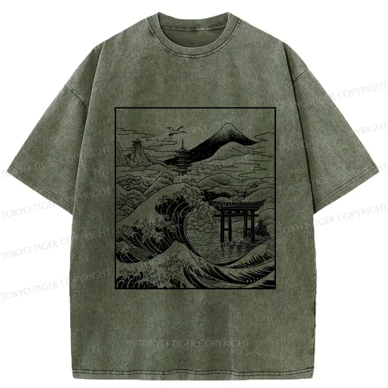 Tokyo-Tiger Retro Japanese landscape Washed T-Shirt