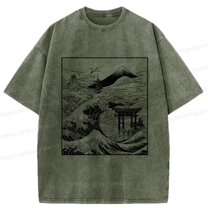 Tokyo-Tiger Retro Japanese landscape Washed T-Shirt