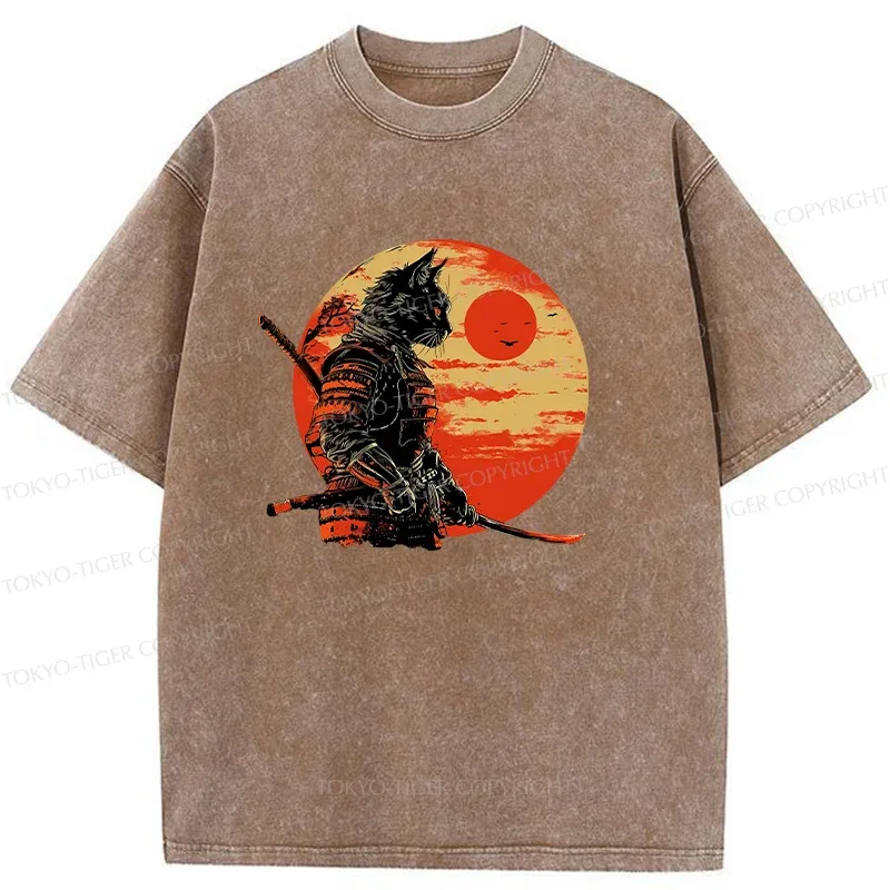 Tokyo-Tiger Cat Samurai And Sunset Washed T-Shirt