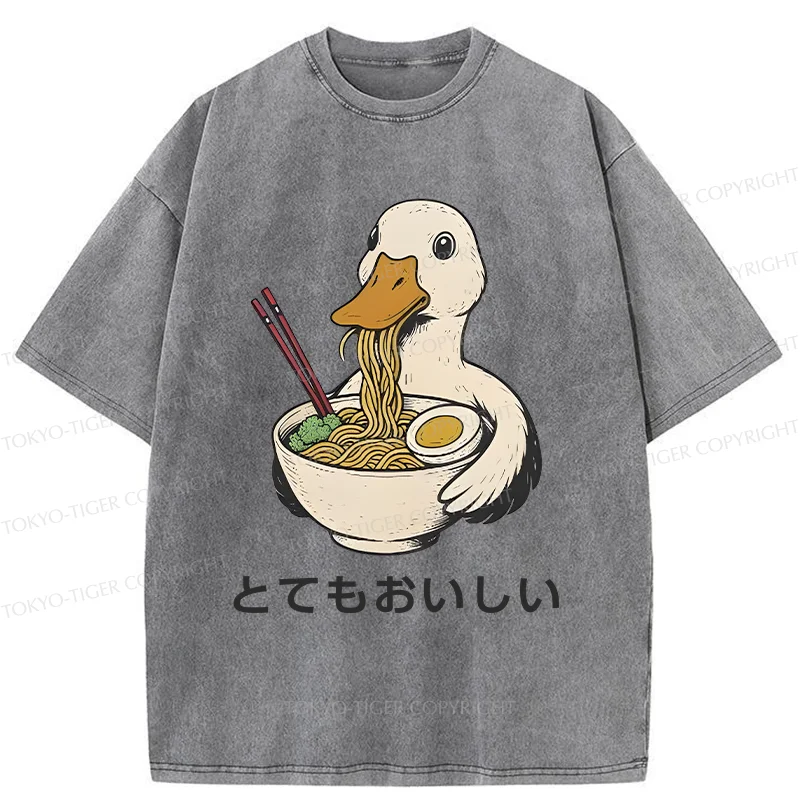 Tokyo-Tiger Goose Eating Delicious Ramen Washed T-Shirt
