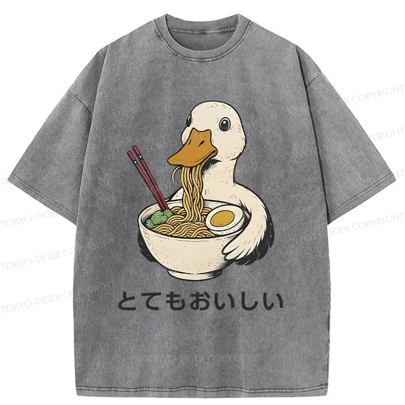 Tokyo-Tiger Goose Eating Delicious Ramen Washed T-Shirt
