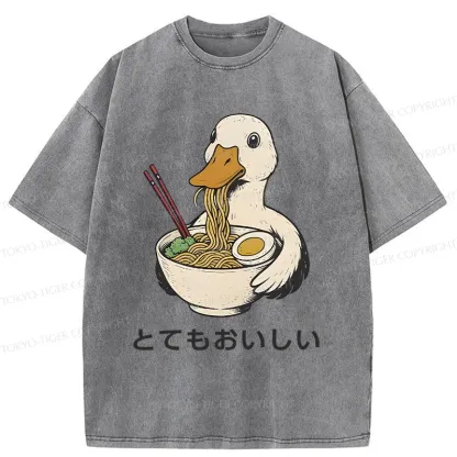 Tokyo-Tiger Goose Eating Delicious Ramen Washed T-Shirt