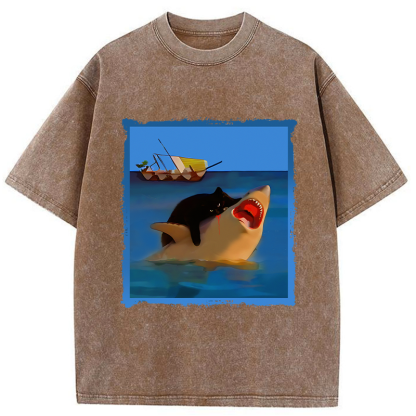 Tokyo-Tiger Black Cat With Shark Washed T-Shirt