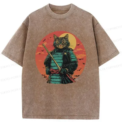 Tokyo-Tiger Handsome Cat Samurai Washed T-Shirt