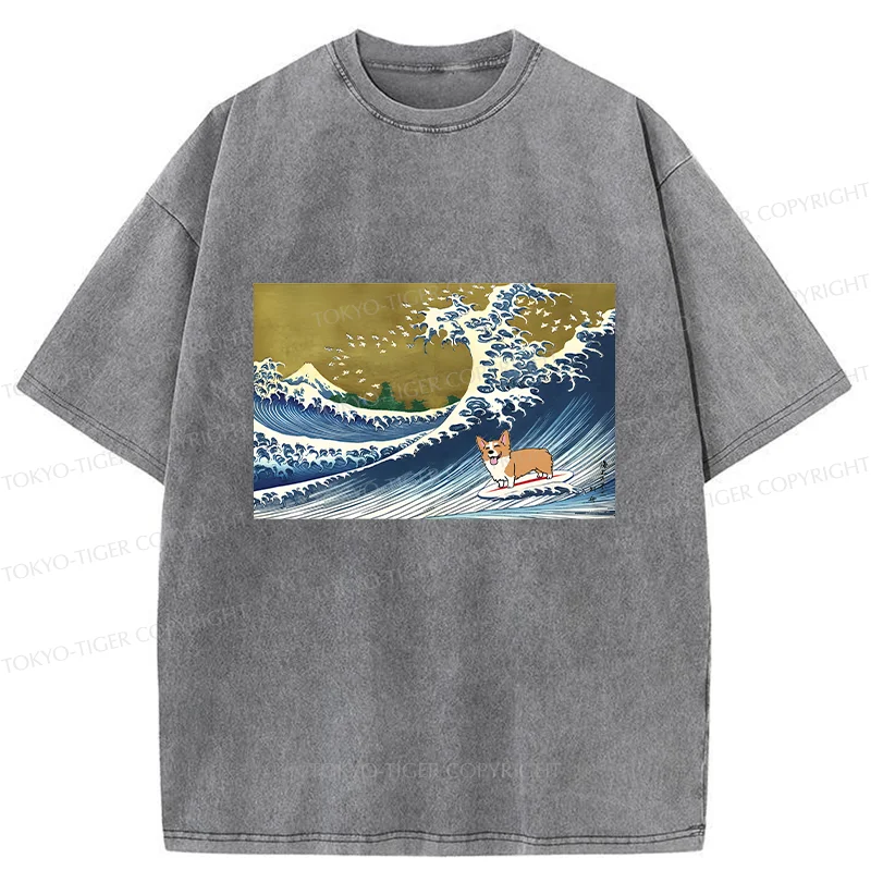 Tokyo-Tiger Corgi Surfing Washed T-Shirt