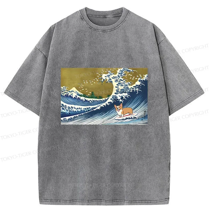 Tokyo-Tiger Corgi Surfing Washed T-Shirt