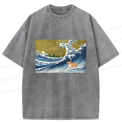 Tokyo-Tiger Corgi Surfing Washed T-Shirt