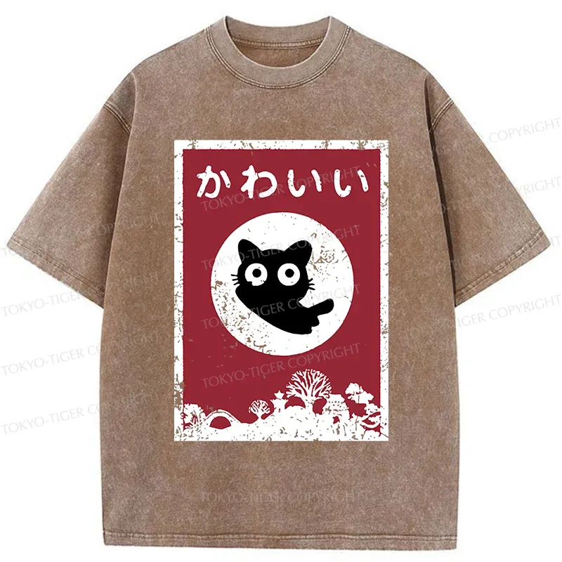 Tokyo-Tiger Cute Black Cat Washed T-Shirt