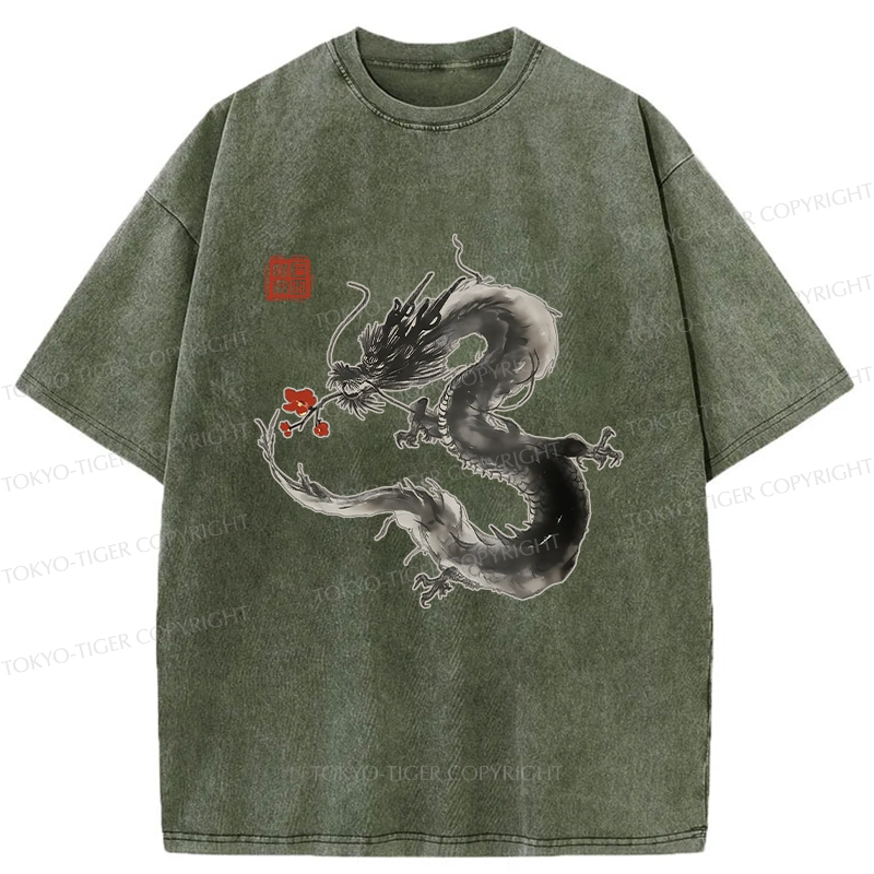 Tokyo-Tiger Dragon Holding A Flower Washed T-Shirt